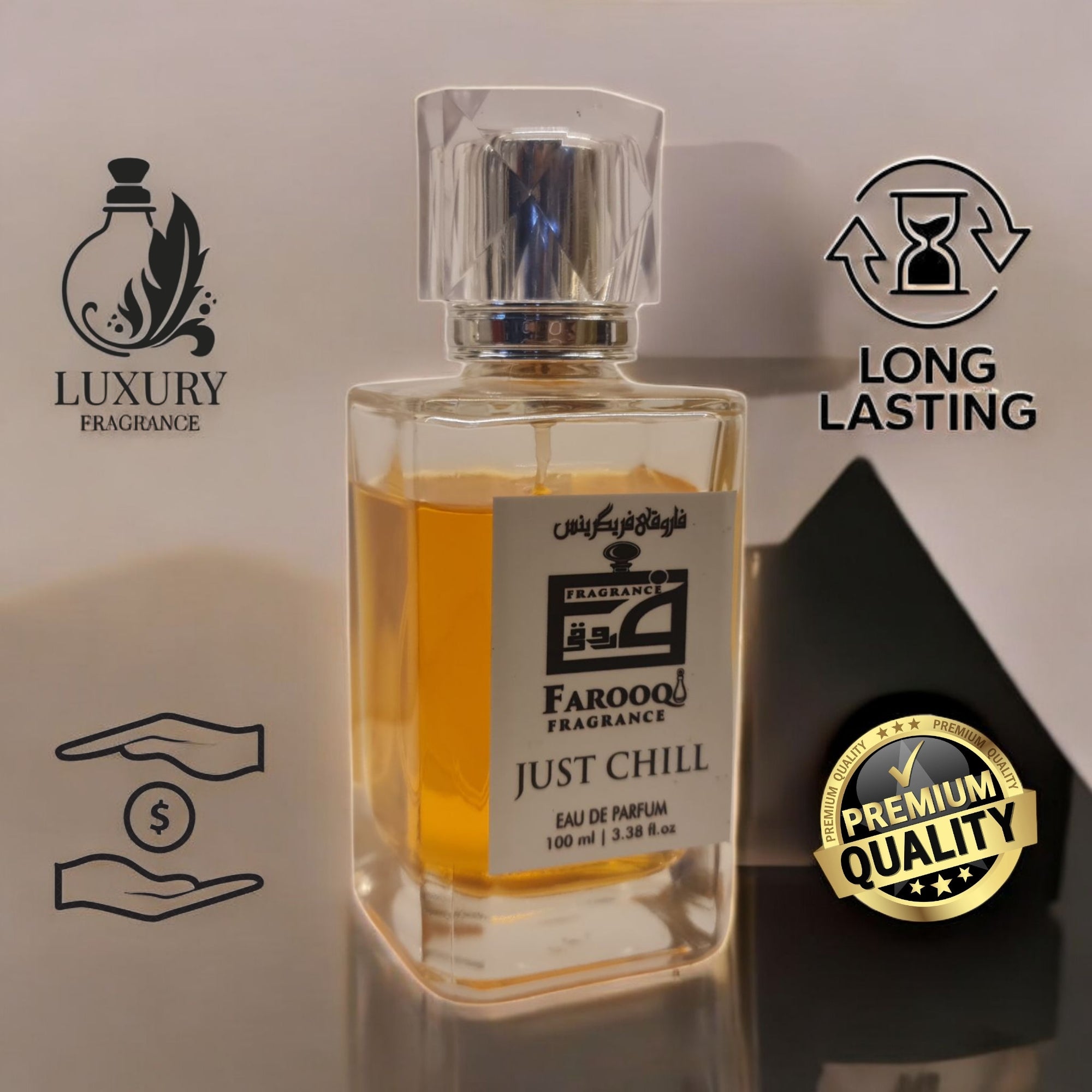 Perfume bottle labeled 'Just Chill' by Farooqi Fragrance with luxury, long-lasting, and premium quality icons.