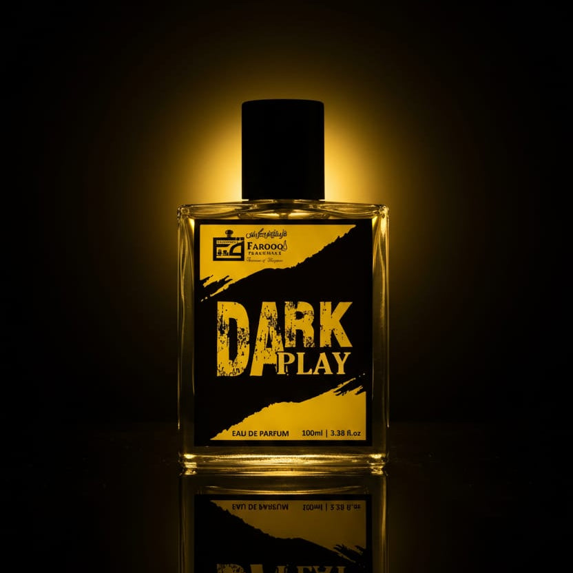 Perfume bottle labeled 'Dark Play' with a dark background