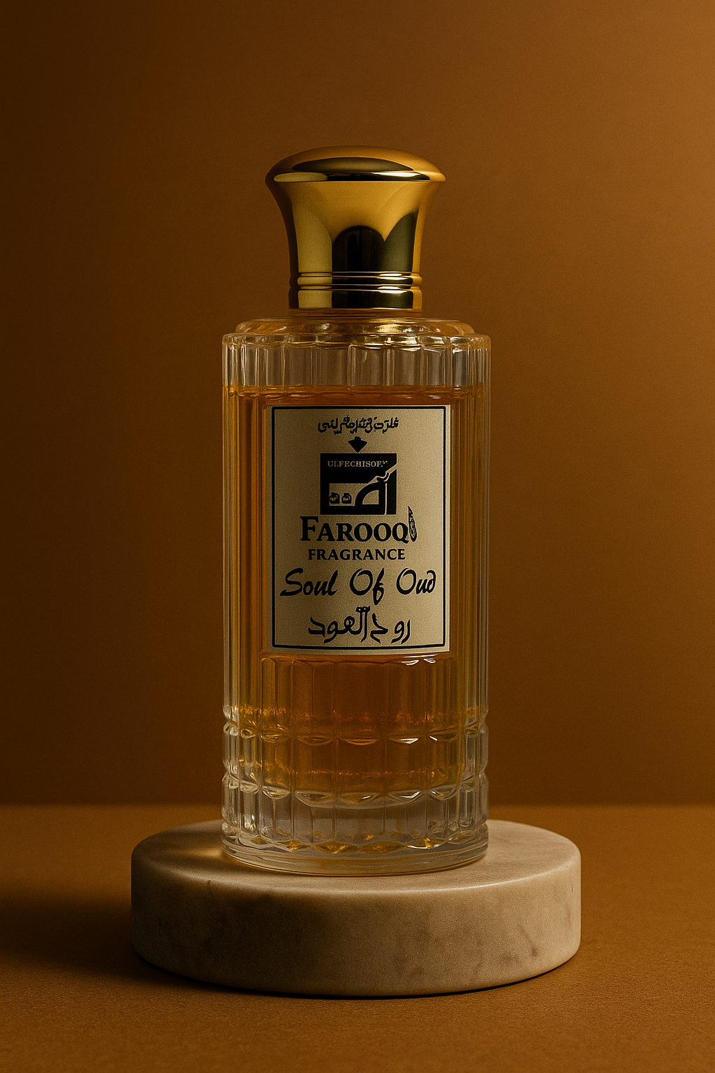 Perfume bottle labeled 'Soul Of Oud' by Farooq Fragrance on a brown background