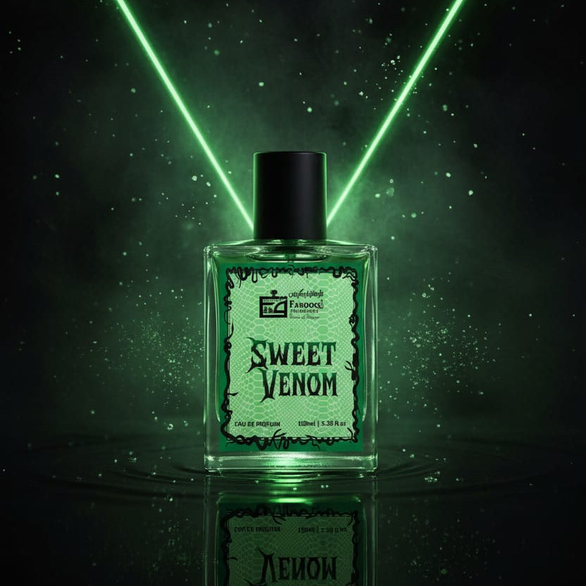 Bottle of 'Sweet Venom' perfume with green laser beams and glowing effect on a dark background